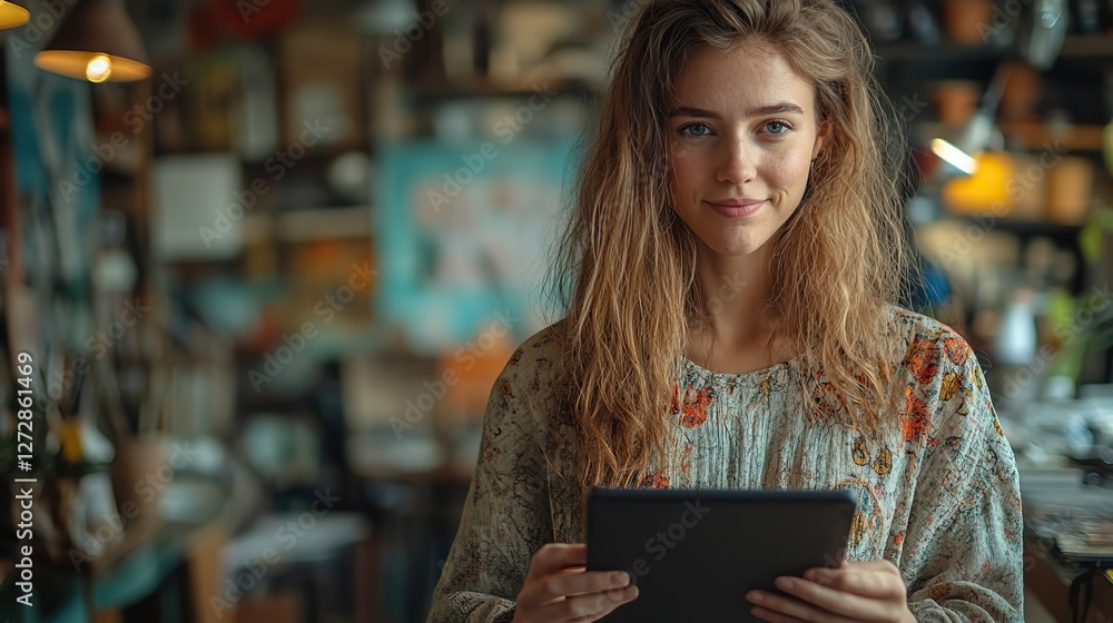 Poster craftswoman using a tablet computer to design intricate artwork in a bright modern art studio filled