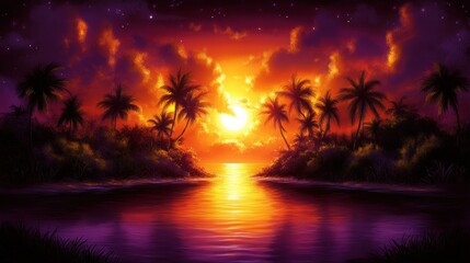 Vibrant Sunset Over Tropical Island Silhouettes with Palm Trees and Calm Ocean Reflection
