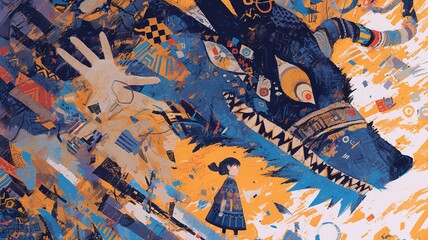 Abstract art of a creature, girl, and vibrant colors. Possible use print design, poster