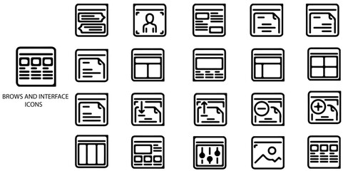 Browser and interface simple concept 20 icons set. Contain such browser window with tab, toolbar and search field. Modern website, internet page in flat style. Browser and more .Vector illustration.