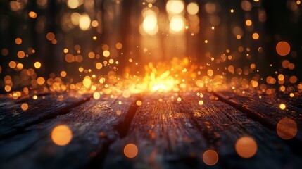 Warm golden light sparkles over a rustic wooden surface in a dark forest