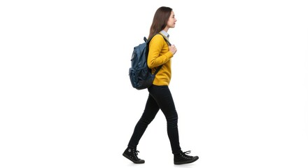 Student Walking with Backpack, Side View, Full Body Shot