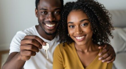 Happy Couple Holding New House Keys, Celebrating Homeownership