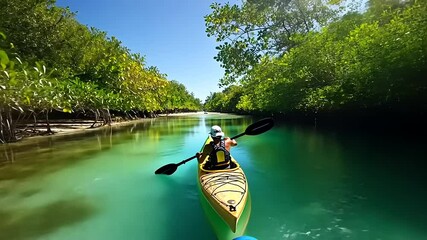A person kayaking through a serene, clear waterway surrounded by lush greenery.