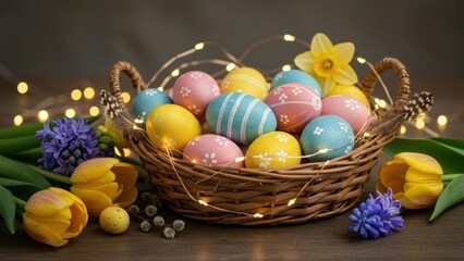 Obraz premium A vibrant Easter basket filled with painted eggs and spring flowers.