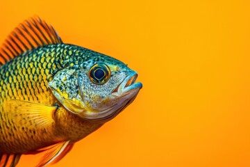 Fototapeta premium Vivid fish portrait against a bright orange background