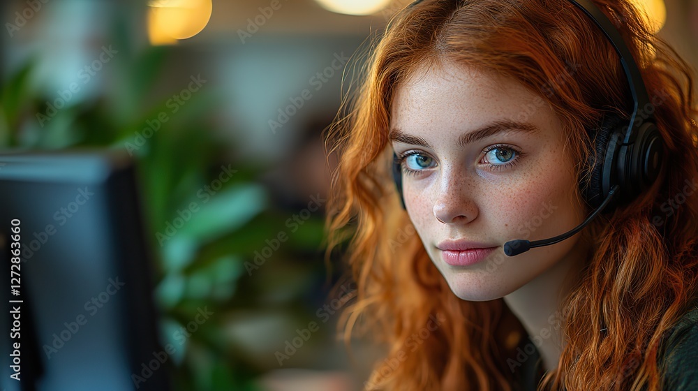 Poster customer support team providing professional assistance in a busy modern call center with advanced t