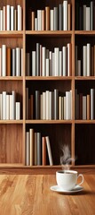A cozy scene featuring a steaming cup of coffee in front of a wooden bookshelf filled with neatly arranged books.