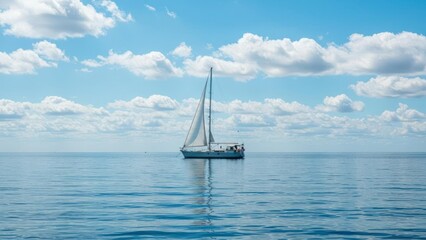 Obraz premium A serene sailboat gliding over calm waters under a blue sky.