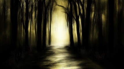 Fototapeta premium Mysterious Forest Path Illuminated by Golden Light with Tall Trees and Shadows