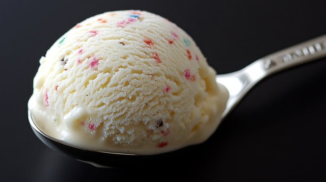 Scooped vanilla ice cream with sprinkles on a spoon, dark background