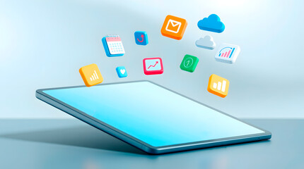 Tablet with application icons floating around it. Versatility, productivity and connectivity in one image