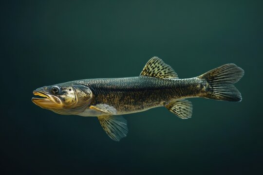 A bowfin fish swims peacefully in a dark green environment