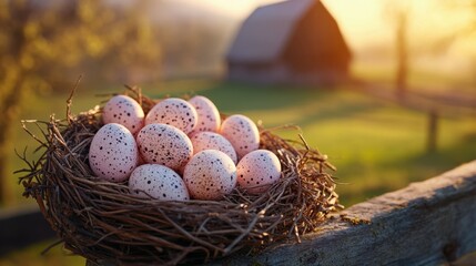 Obraz premium Happy Easter Sunday background, A beautifully woven birdâ€™s nest filled with pastel speckled eggs, resting on an old wooden fence, with a blurred countryside barn glowing in warm golden