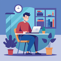 a boy is using his laptop vector