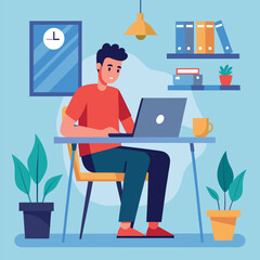 a boy is using his laptop vector