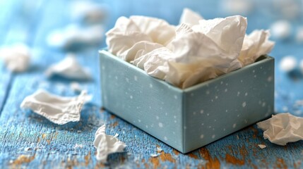 Scattered tissues in light blue box on weathered wood