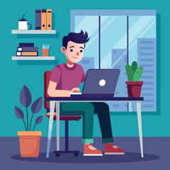 a boy is using his laptop vector