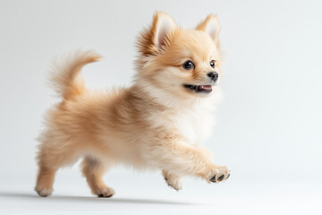 Energetic Action Shot of Cream Pomeranian Puppy in Motion, Professional Studio Photography Capturing Dynamic Movement and Playful Spirit Against White Background