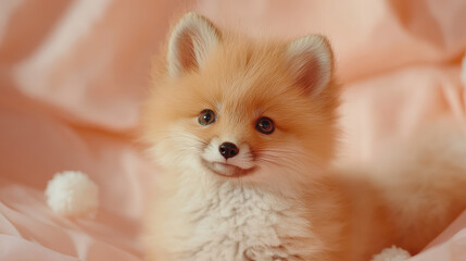 Obraz premium A captivating close-up of a fluffy baby fox with golden-brown fur, alert ears, and a curious expression