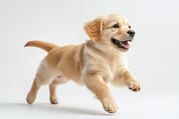 Dynamic Action Shot of Golden Retriever Puppy in Mid-Run Against White Background, Professional Studio Photography Capturing Playful Movement and Joyful Expression