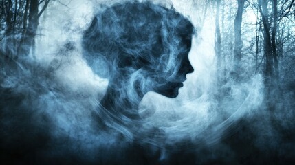 Ethereal Woman Silhouette in Misty Forest with Dramatic Smoke Effects
