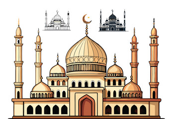 Mosques Silhouettes and line-art versions with domes and minarets
