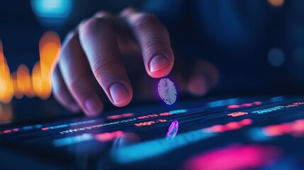 smart long investing growth stocks concept. A hand interacts with a digital interface displaying vibrant data and a glowing fingerprint symbol.