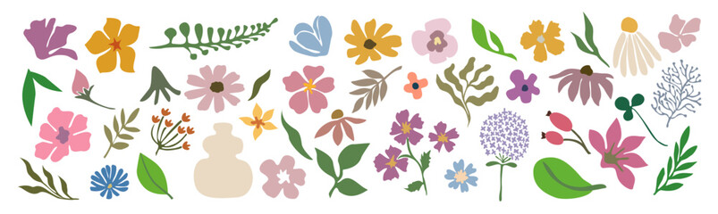 Set of hand drawn shapes and floral design elements. Exotic jungle leaves, flowers and algae. Abstract contemporary modern trendy vector illustrations isolated