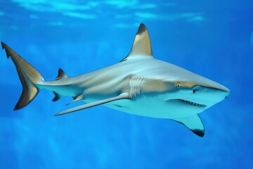 Fototapeta premium A large grey shark swims smoothly in blue ocean water