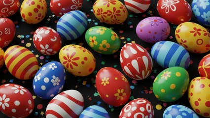 Obraz premium Vibrant, decorated Easter eggs scattered on a dark background.