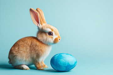 Fototapeta premium white rabbit on blue background