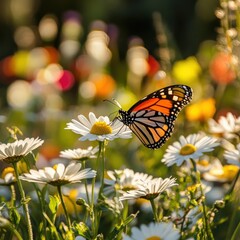 Obraz premium Graceful Monarch Butterfly Perched on a White Daisy Surrounded by Vibrant Blossoms in a Sunny Garden, Capturing Nature's Beauty in Full Color