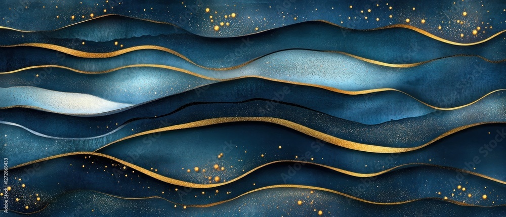 Poster abstract waves of deep blue and gold flowing across the canvas, creating a serene underwater scene w