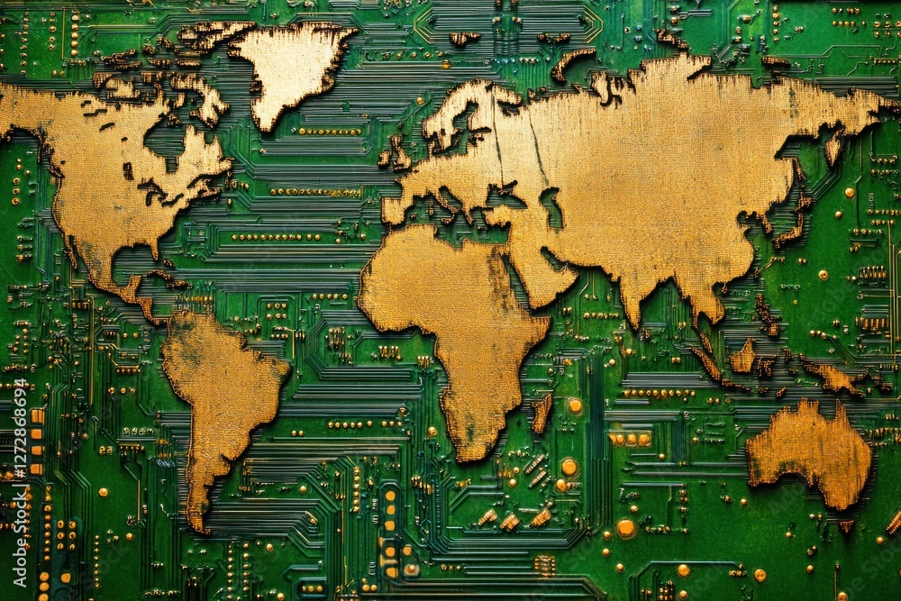 Poster world map design on circuit board background