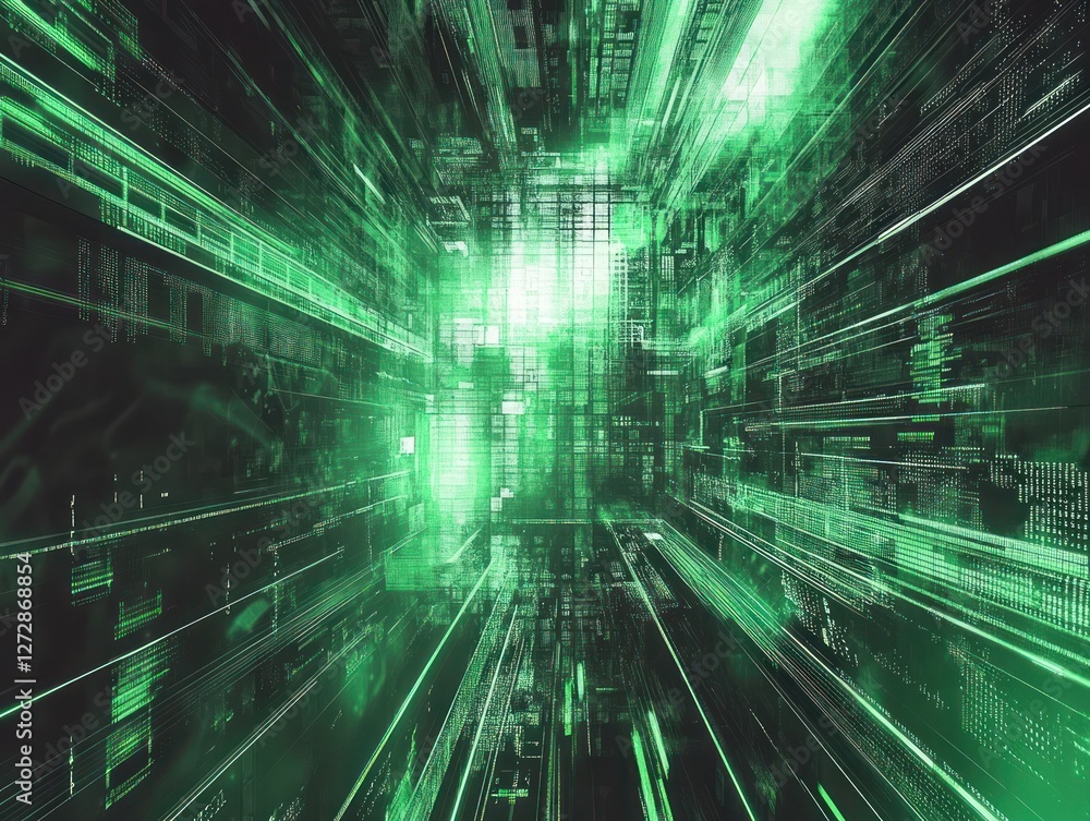 Poster abstract digital background featuring green light beams and data streams, creating a futuristic atmo