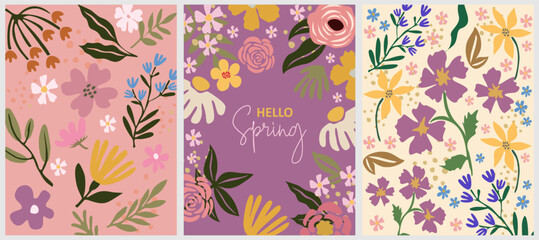 Spring backgrounds colorful set. Elegant floral backdrop with different blooming flowers and leaves. Vertical poster, greeting card, banner, flyer template. Vector art illustrations.