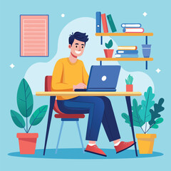 a boy is using his laptop vector