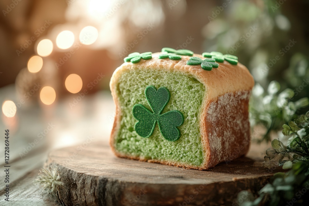 Poster happy st. patrickâ€™s day background, a slice of green bread with subtle shamrock pattern on top, pl