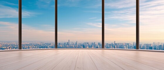 Fototapeta premium A spacious, modern interior with large windows showcasing a stunning city skyline against a bright, clear sky.