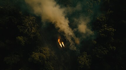 Fototapeta premium Aerial view wildfire smoke forest burning hill