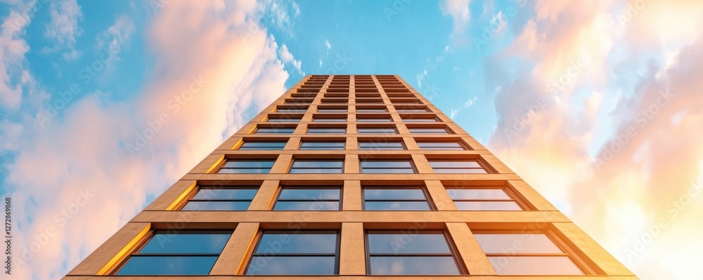 Poster a modern building stretches towards a vibrant sky, showcasing sleek architecture and large windows i