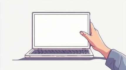 Minimalist Hand Holding Laptop in Artistic Style on White Background