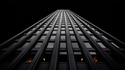 A tall skyscraper seen from below, showcasing a modern architectural design with dark tones and illuminated windows against a black backdrop.