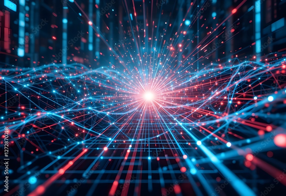 Aufkleber neon-lit data particles burst through an intricate web of lines and grids, forming a high-tech digit
