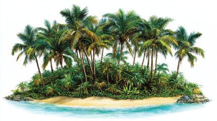 Fototapeta premium Tropical Island Surrounded by Lush Palm Trees and Vibrant Green Plants on White Background Ideal for Travel and Nature Themes