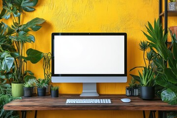 Modern Home Office Setup with Tropical Plants and Blank Computer Screen