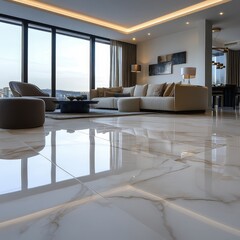 Modern Luxurious Living Room Interior With Spacious Layout, Large Windows Showing Scenic View, Elegant Furniture, and Polished Marble Flooring
