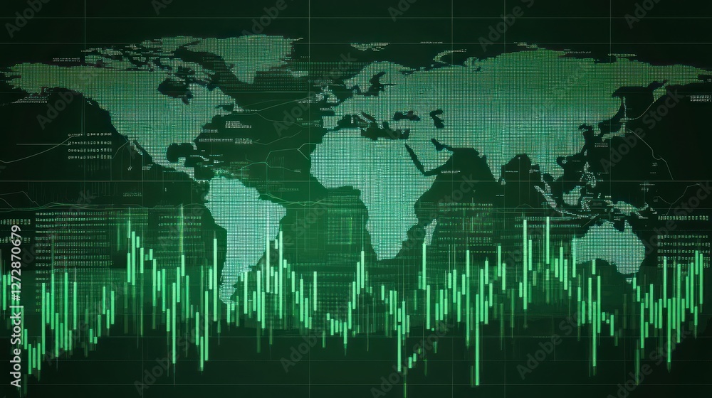 Poster green world map with data visualization background