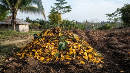 Obraz premium Pile of Yellow Banana Leaves in Agricultural Landscape Under Blue Sky